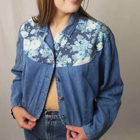 Vintage 90s Floral Western Cropped Denim Shacket Shirt - Picture 7 of 10